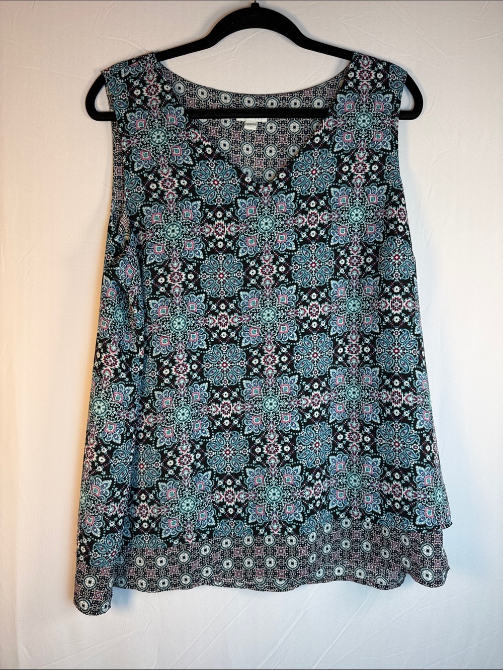 J. Jill Black Tank Top Blouse with Teal and Pink Medallion Print Double Layered